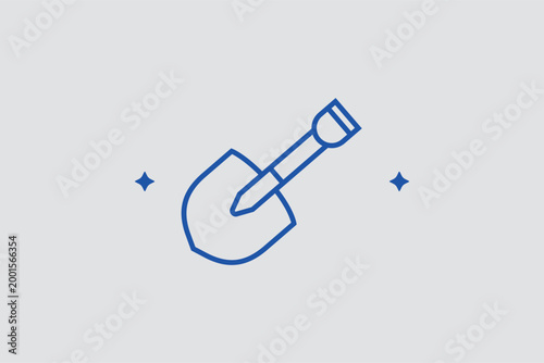 Shovel line icon for soil preparation and manual planting tasks in the garden. Essential vector illustration for gardening tool kits and community farm volunteer orientation guides.