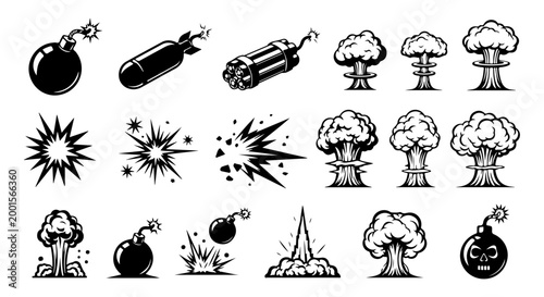 Explosive Icons Bombs, Blasts, and Mushroom Clouds for Graphic Design and Impact