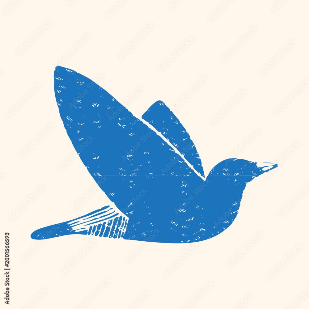 Fototapeta premium Blue flying bird linocut stamp, bold handdrawn silhouette with grunge texture, ideal for freedom, dove or nature-themed icon and poster design