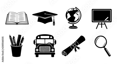 Educational Icons Set Graduation Cap, Book, Globe, Blackboard, Bus, Magnifying Glass, Diploma, and Supplies