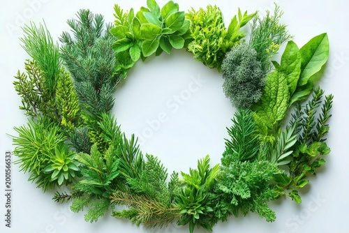 Fresh herbs and evergreen branches form a wreath on white background. This image is great for a healthy food or herbal medicine design.