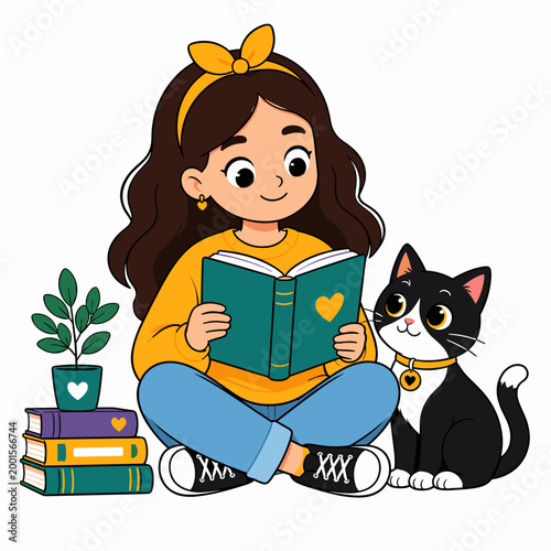 a vector cute girl reading a book with his cat illustration