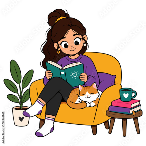 a vector cute girl reading a book with his cat illustration