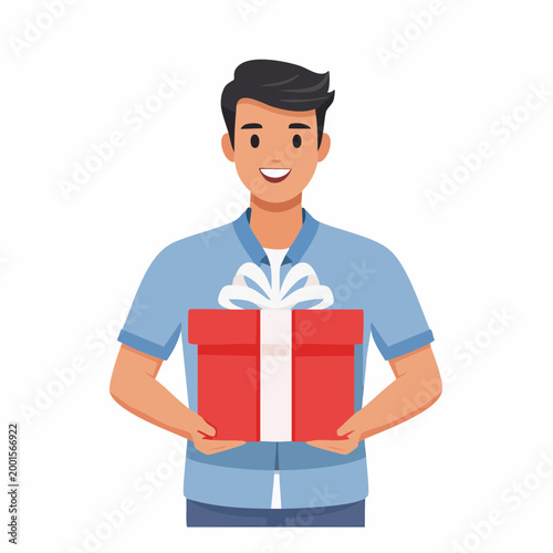 Man holding a red gift box with a white ribbon