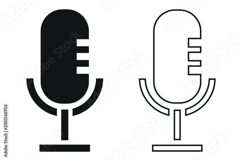 Simple black and white microphone icons solid and outline versions representing audio recording and broadcast communication