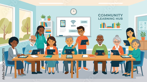 This flat design illustration depicts a heartwarming scene where multicultural teenagers are patiently teaching digital literacy to a diverse group of senior adults in a community setting. 