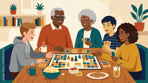 Diverse group of friends and family playing a board game together at home, enjoying a fun and social evening. Multigenerational people laughing, bonding, and spending quality time indoors with snacks 