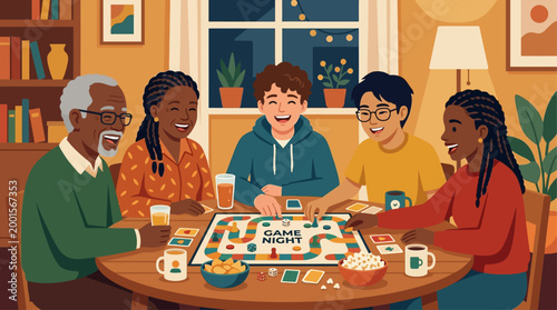 Diverse group of friends and family playing a board game together at home, enjoying a fun and social evening. Multigenerational people laughing, bonding, and spending quality time indoors with snacks 