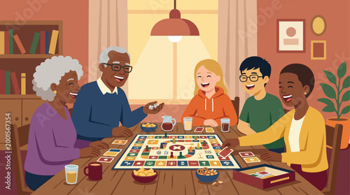 Diverse group of friends and family playing a board game together at home, enjoying a fun and social evening. Multigenerational people laughing, bonding, and spending quality time indoors with snacks 