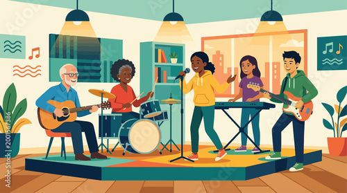 Multicultural group of people enjoying a music jam session indoors, playing instruments like guitar, drums, keyboard, and bass. Diverse musicians of different ages performing together in a cozy studio