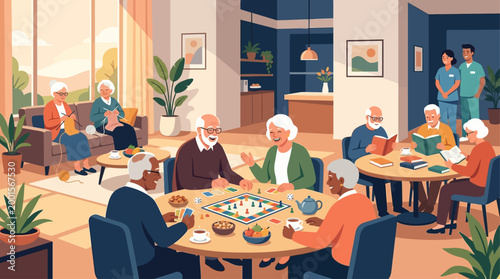A charming flat design illustration featuring an elderly  group, enjoying activity in a Gathering Room in a Senior Home. Some playing boardgame, reading books and knitting 