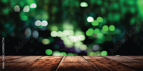 Rustic wooden planks surface positioned in the foreground with a softly blurred background of vibrant green and white bokeh lights creating an atmospheric scene