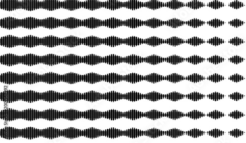 Abstract black sound waves pattern dynamic audio equalizer design, oscillating waveform repetition on white background