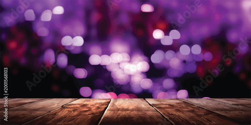 Rustic wooden tabletop surface in the foreground with a vibrant out of focus purple and pink bokeh light background representing a festive or celebratory atmosphere perfect for product placement