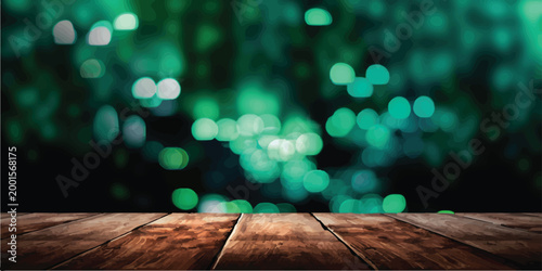 Wooden planks foreground with a bokeh background of blurred green lights creating an abstract atmospheric effect perfect for product display