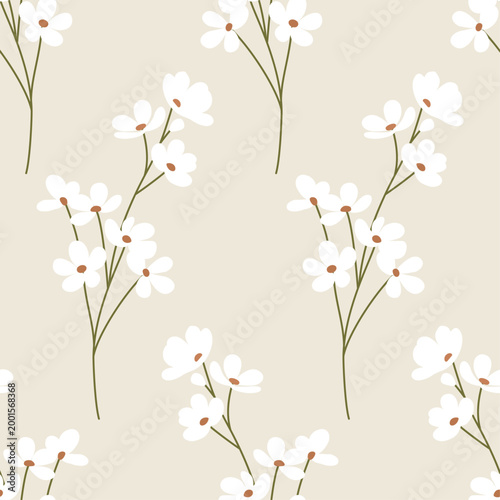 Naive Art Minimalist Botanical Flower Seamless Pattern in Neutral Mid Century Style