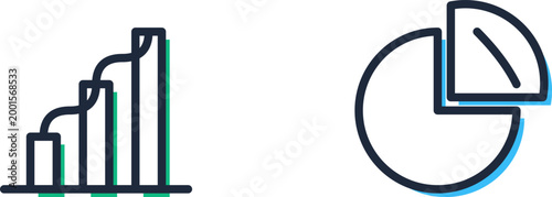 Minimalist professional icons showing a green bar chart and blue pie chart graphic business illustration
