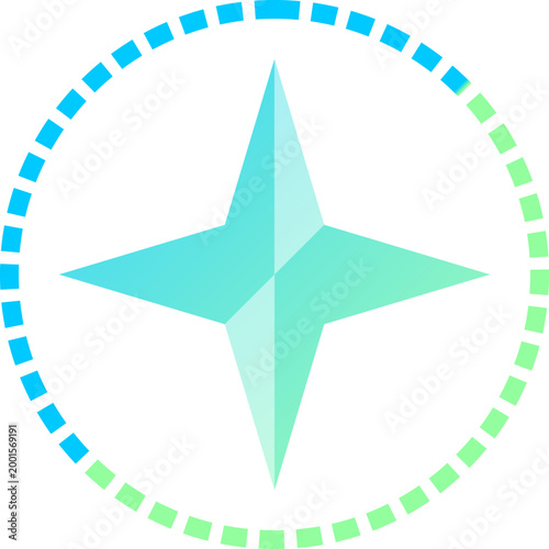 Minimalist cyan and green gradient compass rose icon within a dashed circle on white background.