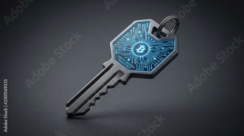 3D digital wallet key with circuit pattern on dark grey crypto security background