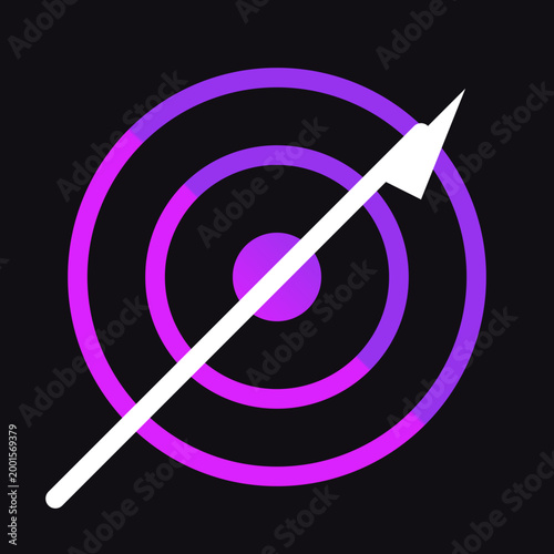 Purple concentric circle target hit by a white diagonal arrow symbol on black background illustration