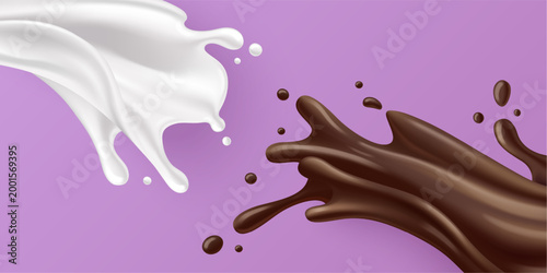 Milk and chocolate splashes isolated on pink background. Vector realistic illustration of white and brown creamy swirls with liquid drops, abstract dairy drink waves for product packaging design