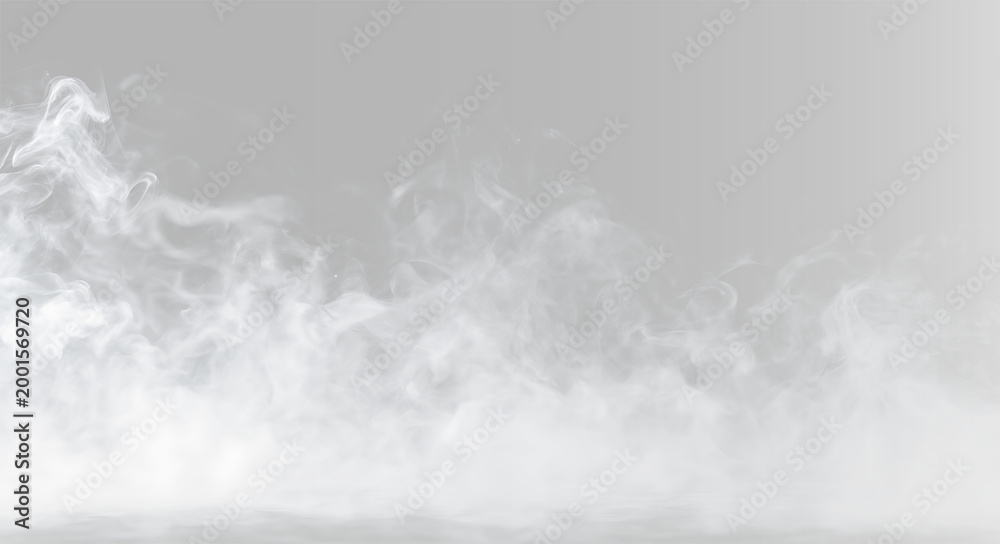 Fototapeta premium Realistic heavy white smoke clouds set, atmospheric thick fog or steam mist on grey backgrounds