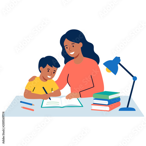 A woman teaches a boy at a desk with books and a lamp.