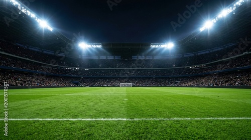 Universal grass stadium illuminated by spotlights and empty green grass playground. Empty Night Soccer Stadium Pitch with Glowing Floodlights and Copy Space