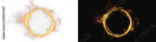 Billede på lærred Magic glowing fire ring set, realistic burning flame circle with sparks and heat