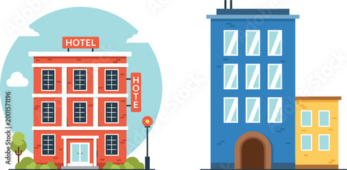 Hotel buildings vector illustration featuring classic boutique hotel facade and modern urban building in colorful flat architectural design style