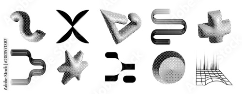 Y2K brutalist geometric icons set on white background. Vector illustration of abstract bold spiral, black dithered shapes and patterns, design elements with optical illusions, retro futuristic symbols