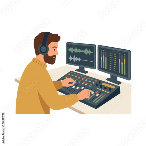 A man is working on sound mixing equipment with two monitors in a studio.