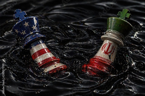 US Iran Oil Conflict Stalemate Concept Chess Pieces Submerged in Black Oil