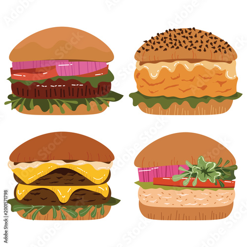 A set of hand-drawn vector illustration of homemade burger on white background, includes cheeseburger, fried chicken burger, and veggie option burger. This design is for food menu or food blog graphic