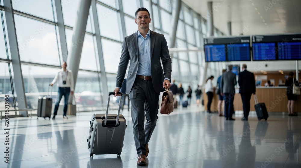 Fototapeta premium A businessman in formal attire walks through an airport terminal, carrying luggage, with flight information displays in the background.