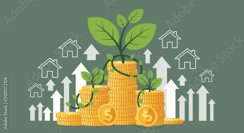 Illustration of money stacks with growing plants, houses, and upward arrows symbolizing financial growth and real estate investment.