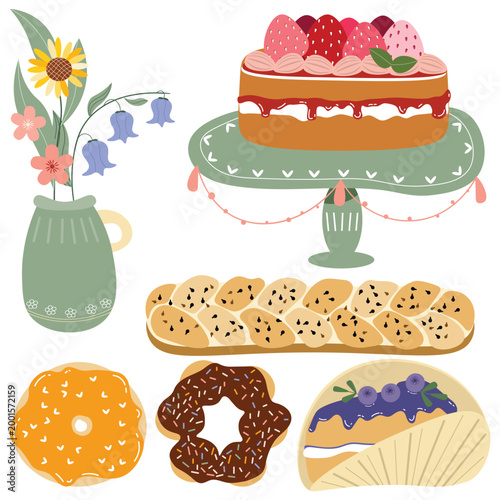 Sweet bakery collection featuring strawberry cake on a stand, braided bread, donuts, and a flower vase. These would be perfect for café menus, birthday cards, or lifestyle blog headers.