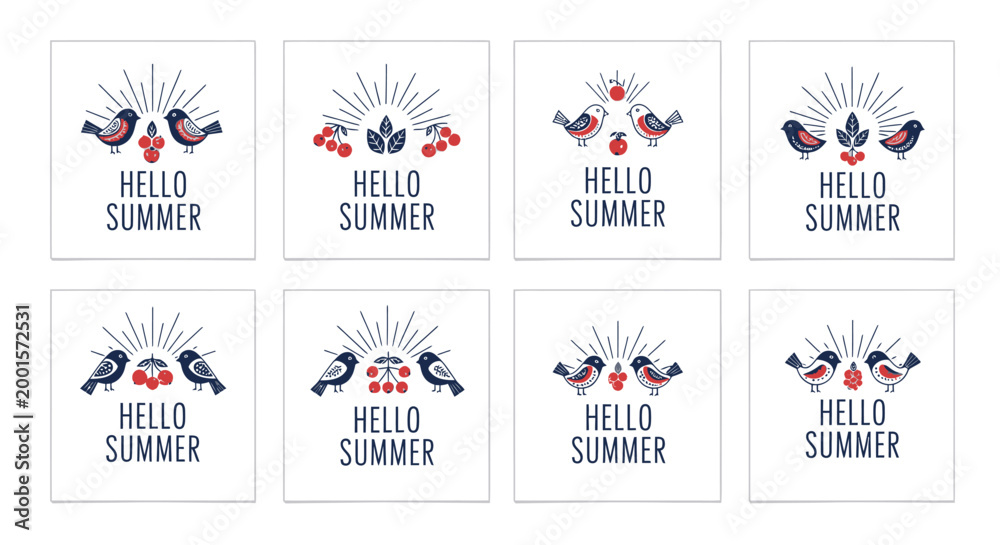 Fototapeta premium Set of folk art bird and berry hello summer illustrations