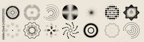 Abstract circular pattern with radial halftone dots and dynamic swirl effect, vector icons isolated on background. Modern geometric gradient design, graphic elements with spiral shape, pulse texture