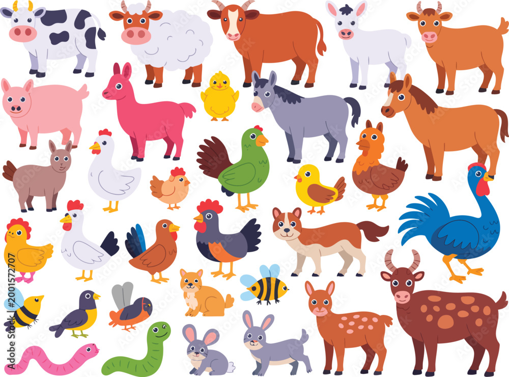 Fototapeta premium Collection of diverse and friendly farm animals and creatures illustrated in a simple cartoon style