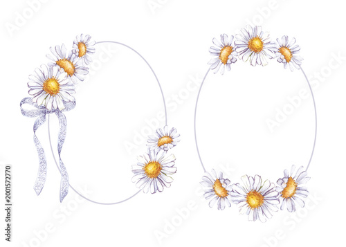 A set of elegant hand-painted watercolor wreaths and frames with delicate white daisy flowers (chamomile) and green buds on an isolated background. Oval borders with an empty place to insert. For