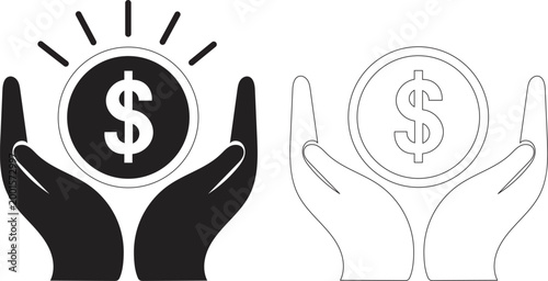 Hands holding dollar coin with radiating lines money
