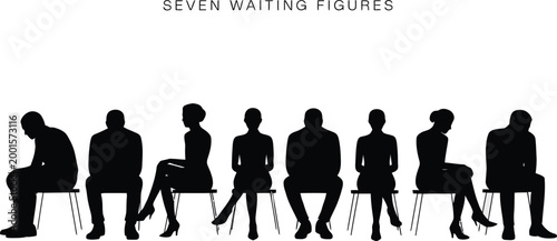 Diverse group of seven individuals silhouetted while sitting on chairs waiting patiently in a line