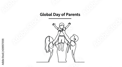 Continuous line vector illustration celebrating the global day of parents with a happy family.