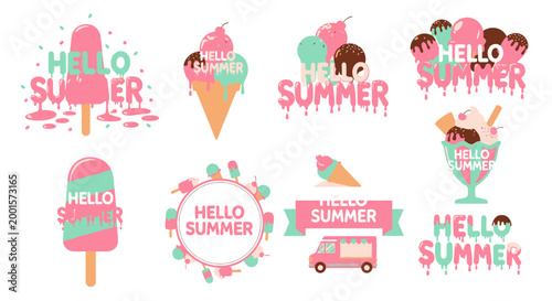 Set of hello summer ice cream labels and badges