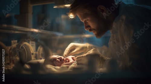 A neonatologist carefully examining a newborn with Cornelia de Lange Syndrome in a NICU unit, gentle gloved hands, soft warm incubator light, emotional and tender atmosphere