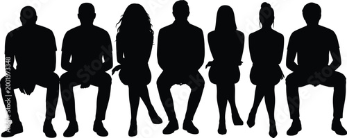 Diverse group of seven people silhouetted sitting down on an invisible bench together