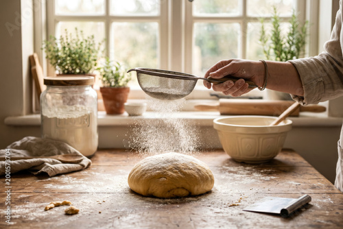 Rustic Home Bakery Scene with Flour Sifting Over Fresh Brioche Dough on Wooden Table