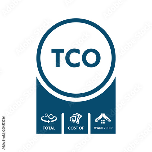 Professional TCO Total Cost of Ownership logo featuring gears, money, and house icons, representing financial analysis, asset management, and long-term business investment strategy.