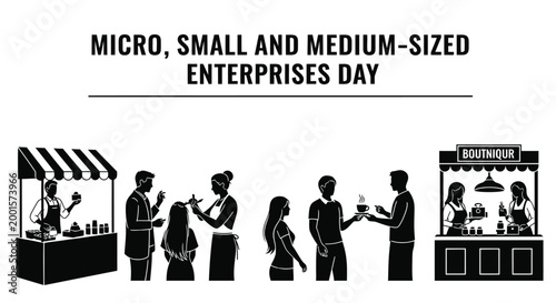 Minimalist vector graphic illustration celebrating micro small and medium sized enterprises day with various shop activities